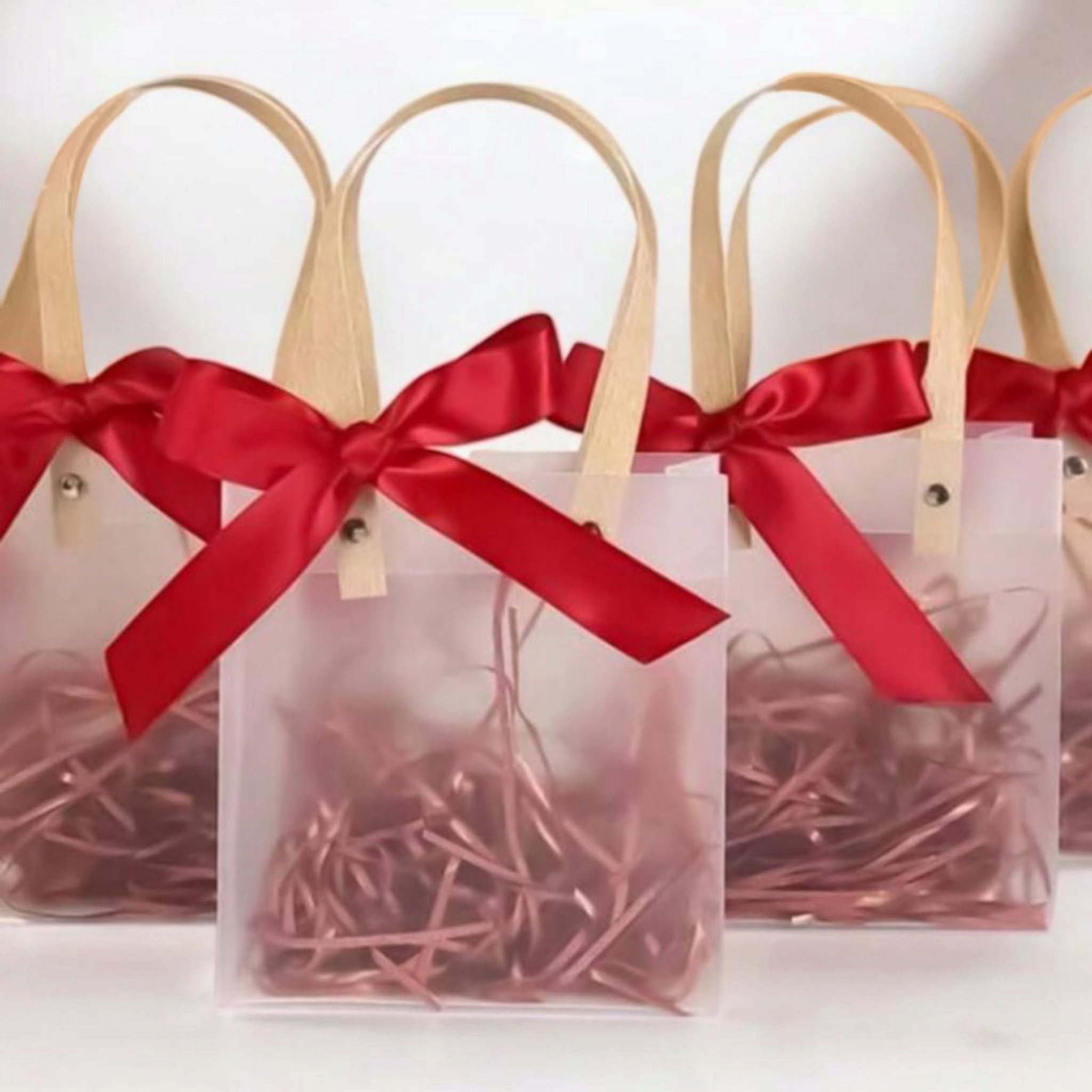 PVC Gift Bag Frosted Portrait - Plastic Reusable Bags with Brown Straw Handle