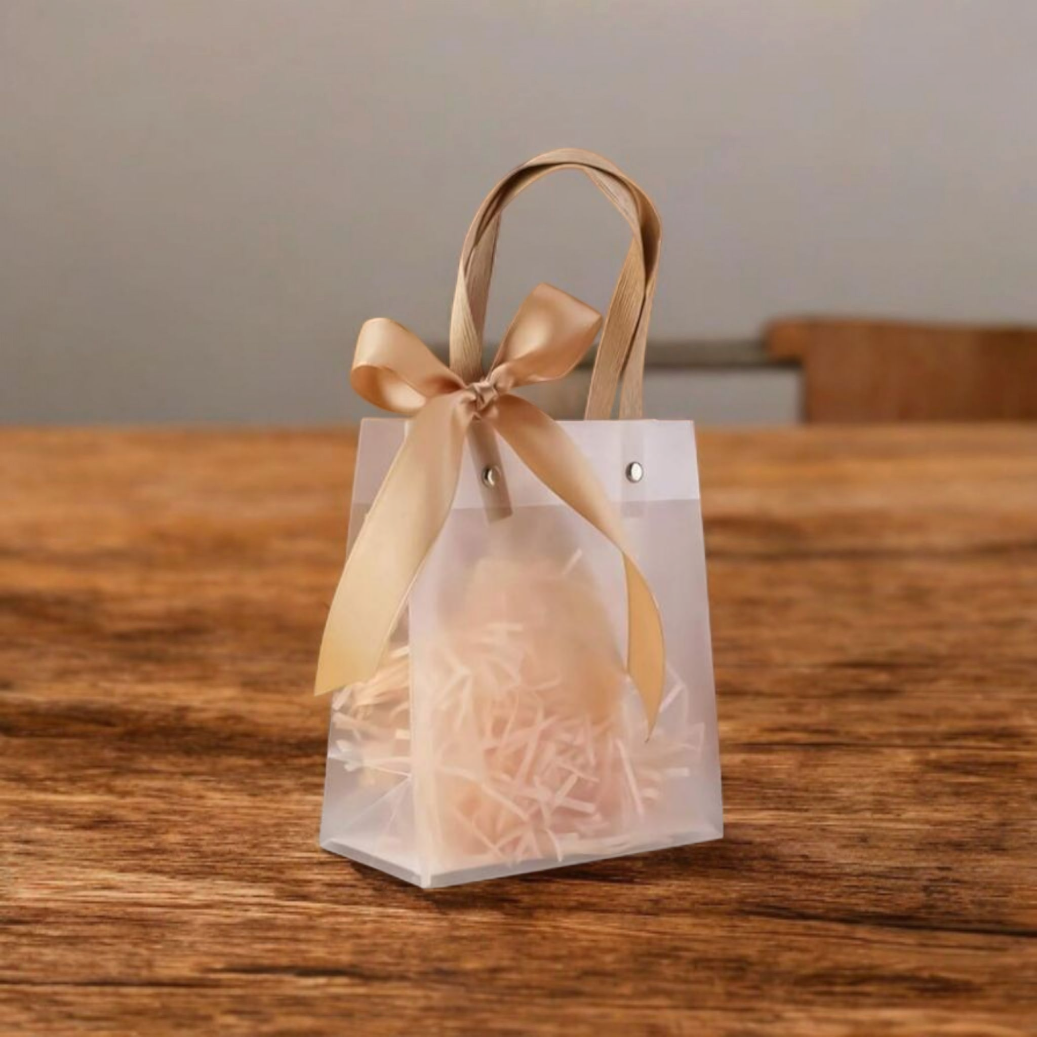 PVC Gift Bag Frosted Portrait - Plastic Reusable Bags with Brown Straw Handle