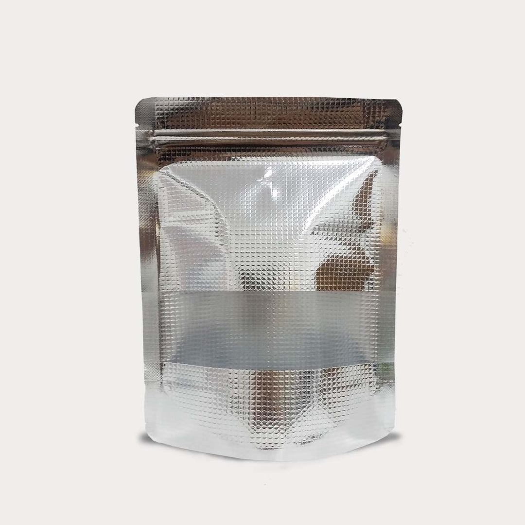 Aluminium Silver Embossed Metalized Zip Lock Resealable Stand-Up Foil Bag with Window 10pack