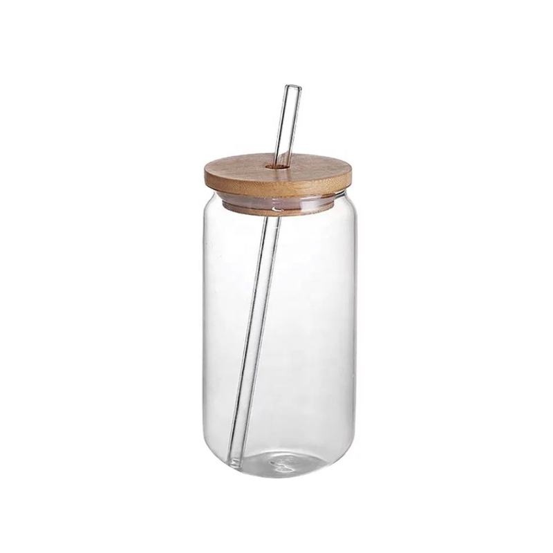 Glass Drinking Can Bottle with Bamboo Lid Corner Hole and Borosilicate Straw