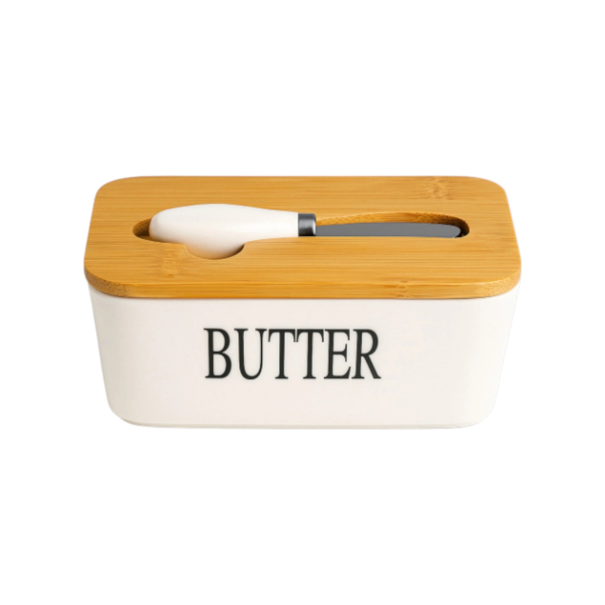 Regent Ceramic Butter Dish White with Bamboo Lid & Knife