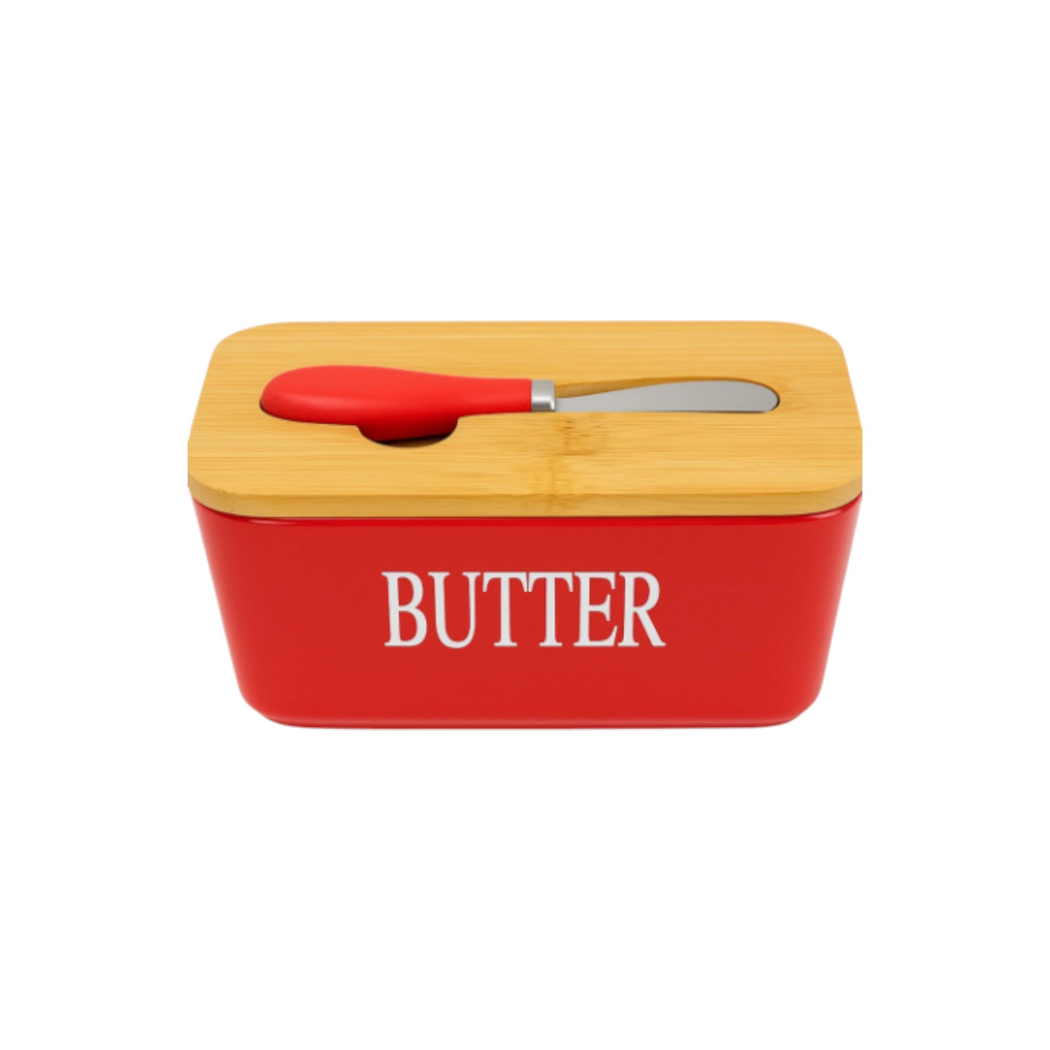 Regent Ceramic Butter Dish Red with Bamboo Lid & Knife