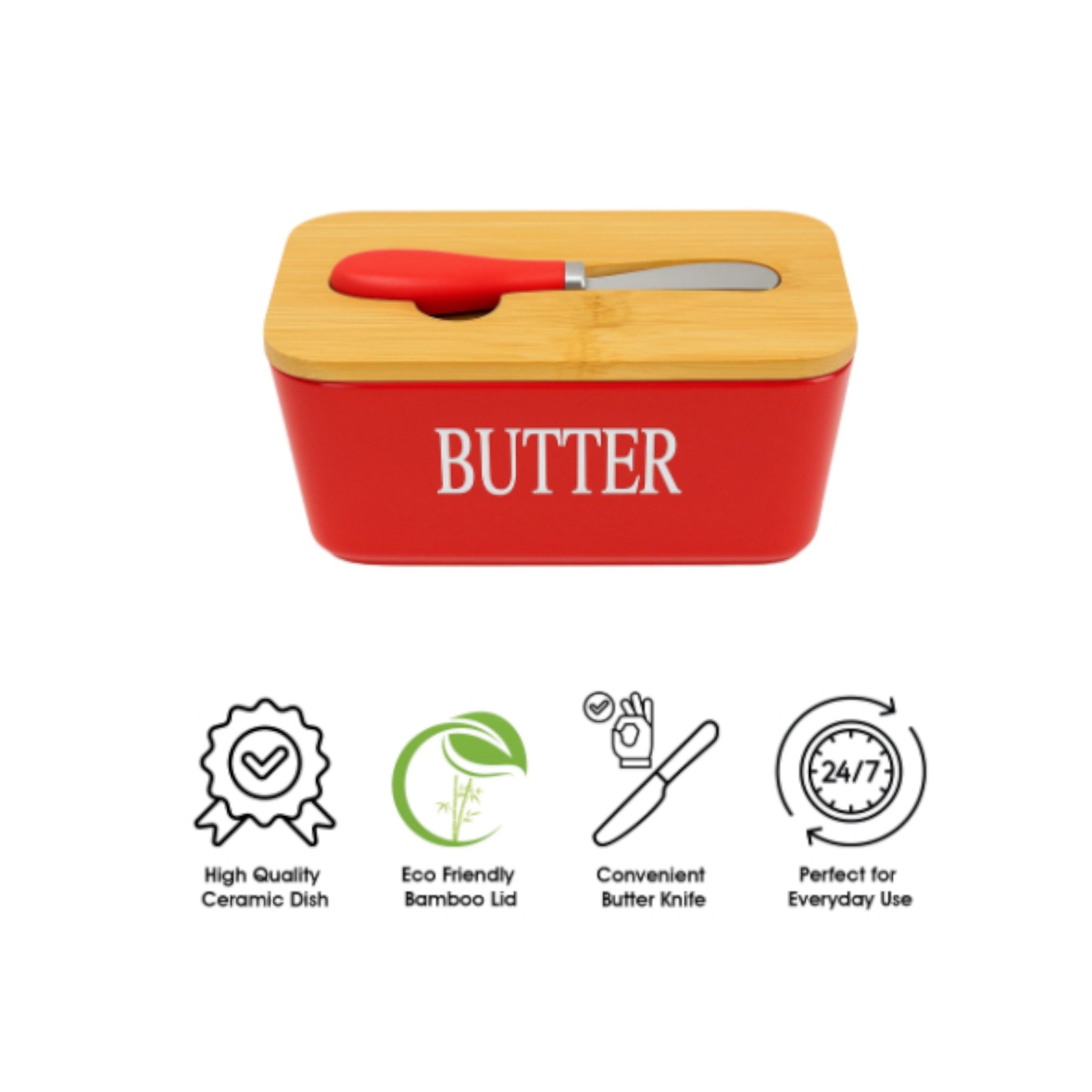 Regent Ceramic Butter Dish Red with Bamboo Lid & Knife