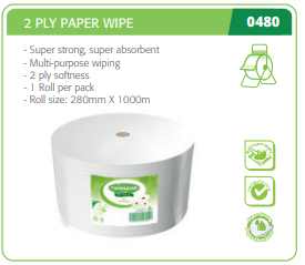 Twinsaver 2ply Paper Wipe Roll  280mmx1000m 0480