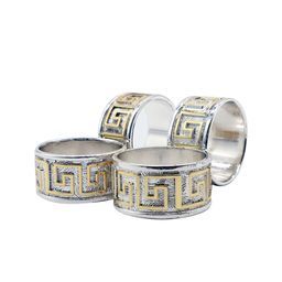 Diamond Napkin Ring Holders Silver with Gold Stainless Steel 4pc Set SGN798