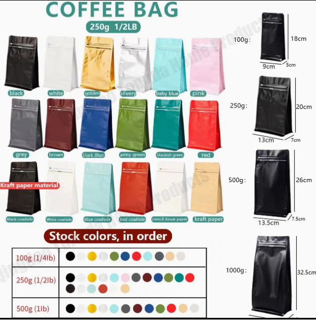 Aluminium Metalized Stand-up Coffee Bean Pouch Bag Side Gusset with Flat Bottom - Vacuum Seal Pull-tab with Air Valve Resealable 10Pack