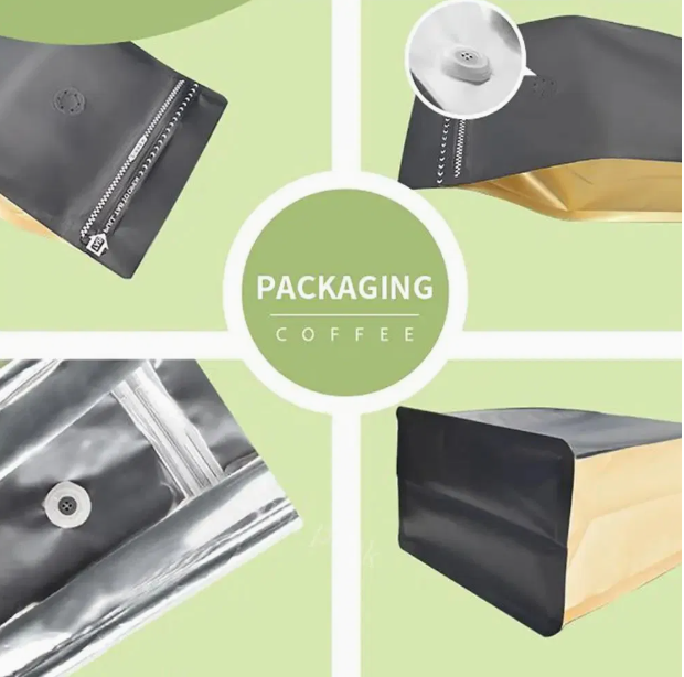 Aluminium Metalized Stand-up Coffee Bean Pouch Bag Side Gusset with Flat Bottom - Vacuum Seal Pull-tab with Air Valve Resealable 10Pack