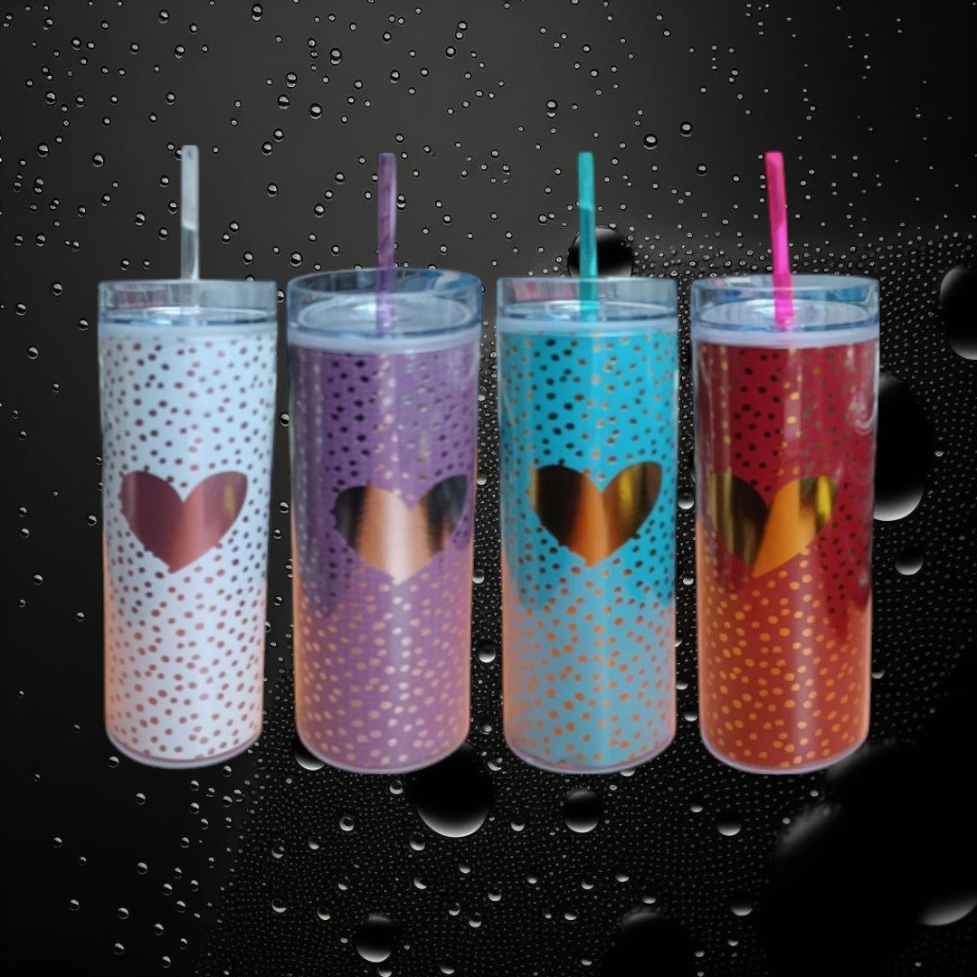 473ml Skinny Drinking Tumbler Acrylic Double-Wall Reusable with Lid & Straw 21x7cmn Heart Patterned