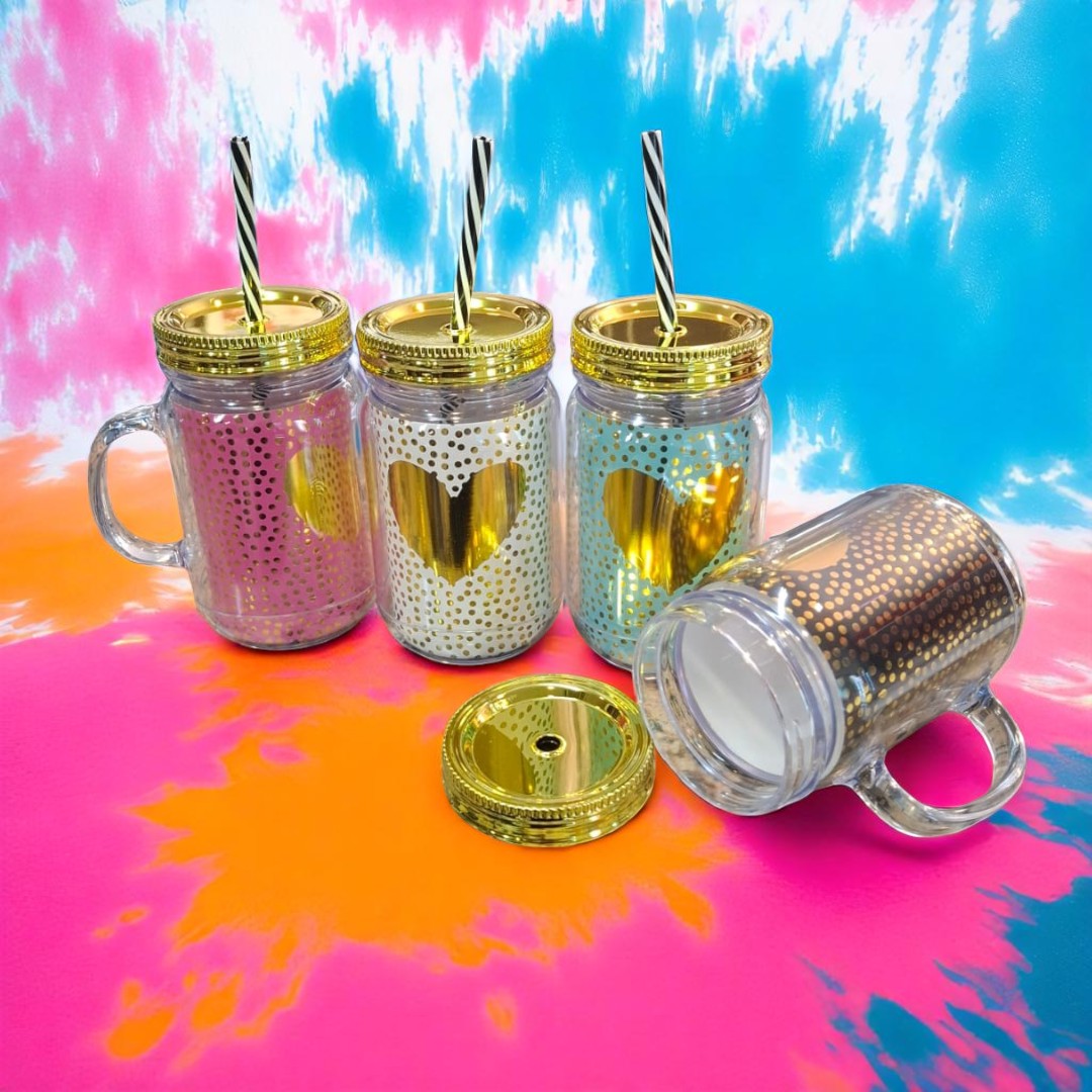 Acrylic Drinking Mason Jar Tumbler Mug with Straw 16.5x9cm Gold Heart Patterned