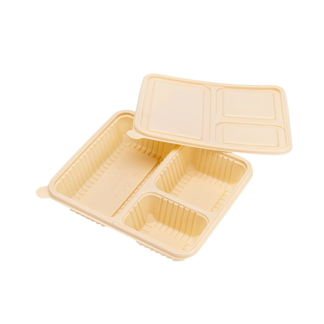 Microwavable Takeaway Lunchbox Food Tray with Lid 3-Division 21.5x18.5cm Biodegradable Eco Friendly 10pack