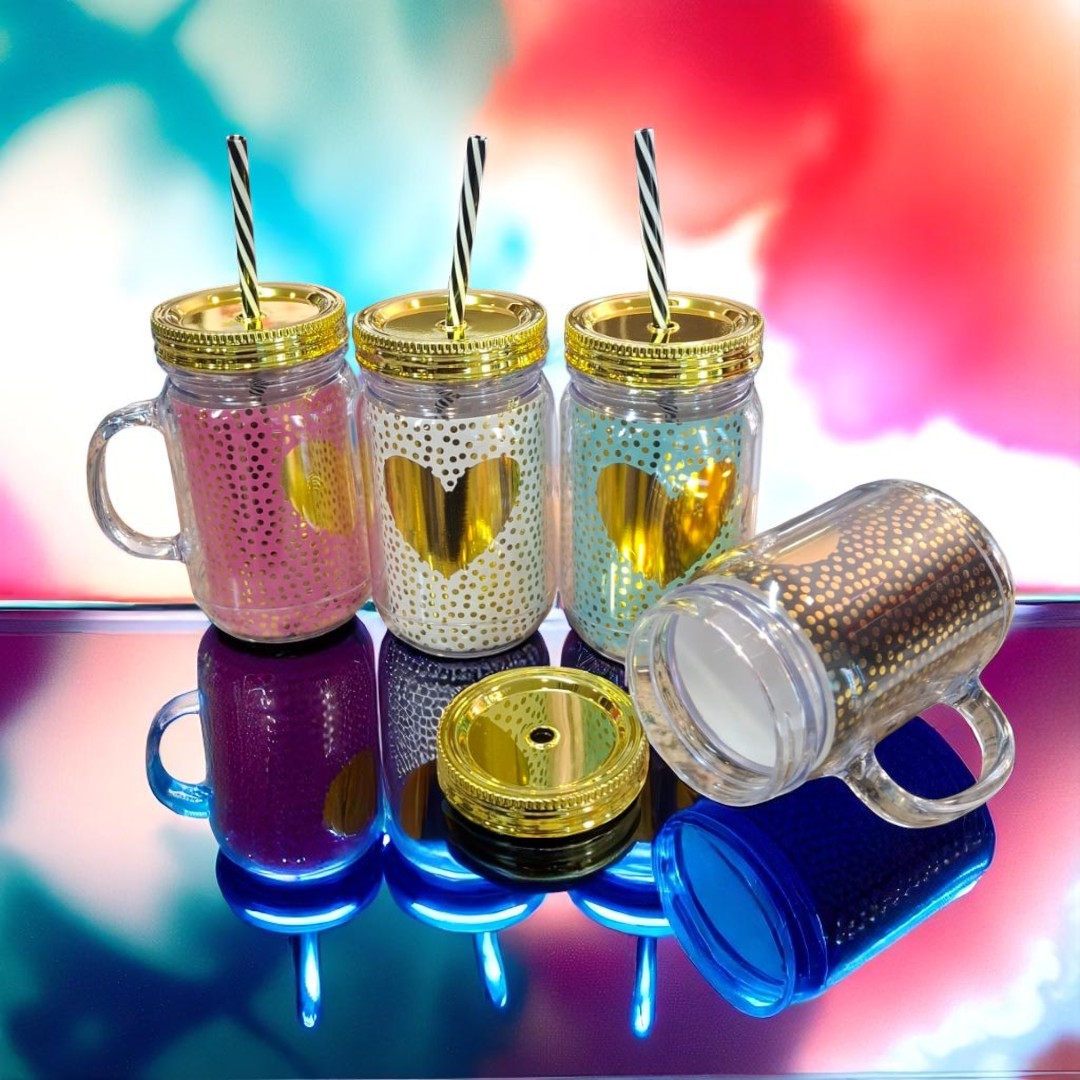 Acrylic Drinking Mason Jar Tumbler Mug with Straw 16.5x9cm Gold Heart Patterned