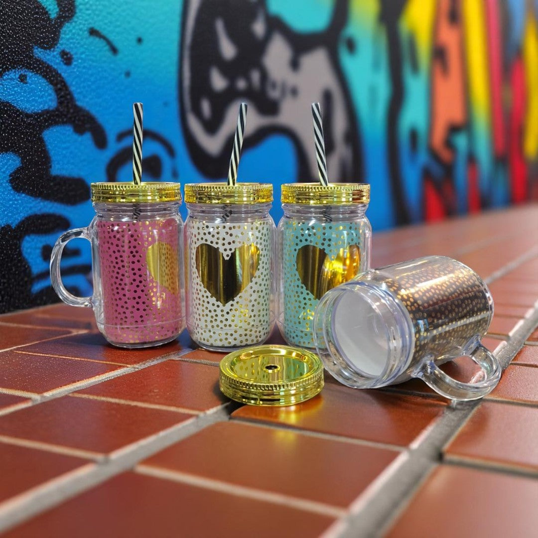 Acrylic Drinking Mason Jar Tumbler Mug with Straw 16.5x9cm Gold Heart Patterned
