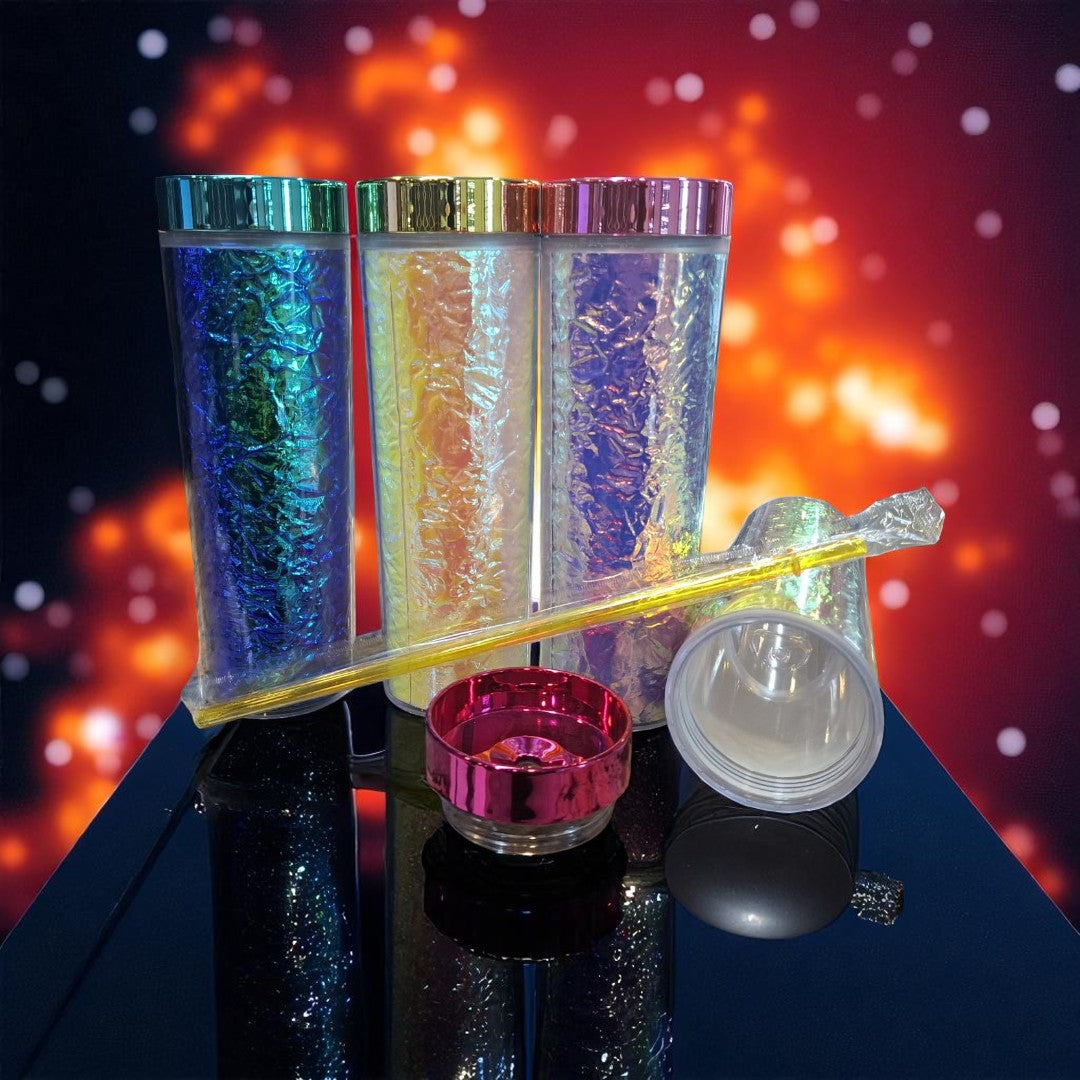 473ml  Skinny Iridescent Drinking Tumbler Acrylic Reusable with Lid & Straw 21x7cm