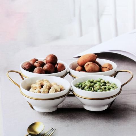 White Ceramic Serving Dipping Round Snacks Fruit & Nut Bowl with Stand 9cm 4pc Set