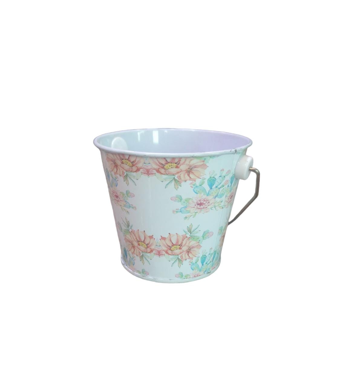 Mini Iron Bucket 8x7cm with White Flower Print with Handle