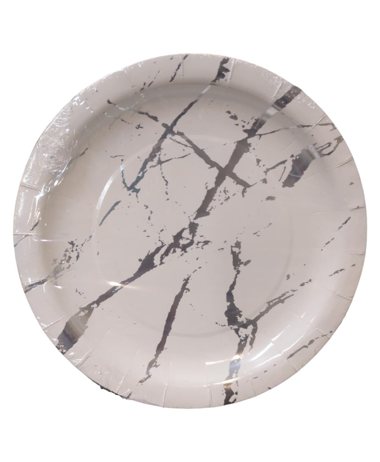 Party Paper Plate Marble Print White & Silver 9Inch 23cm 10pack