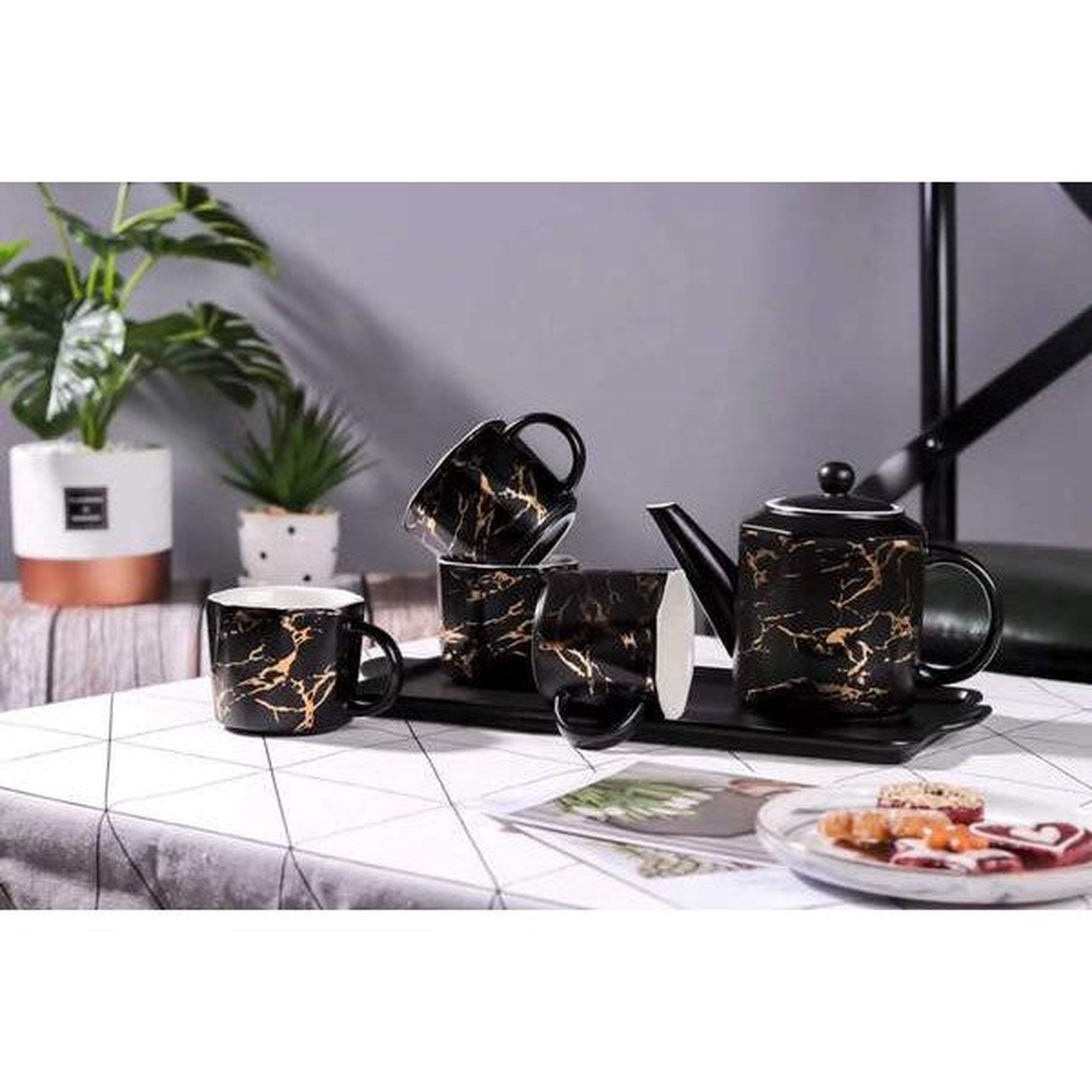 Ceramic Teapot Set and Cups Grey with Gold Marble 7pcs