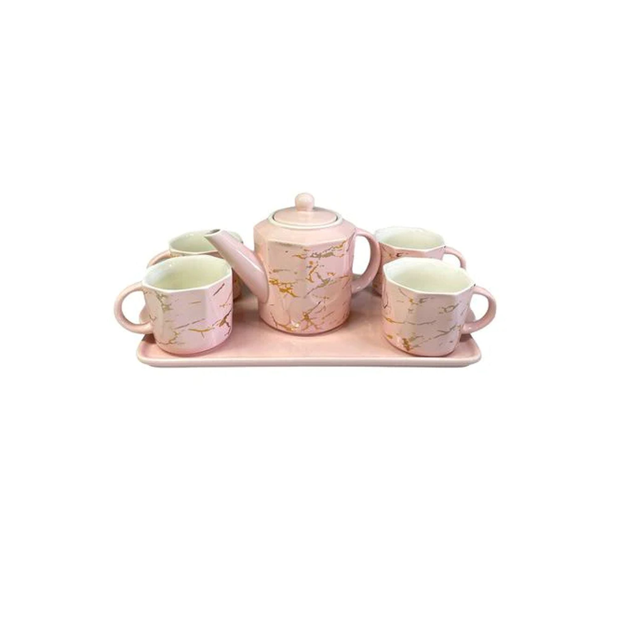 Ceramic Teapot Set and Cups Grey with Gold Marble 7pcs