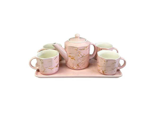 Ceramic Teapot Set and Cups Grey with Gold Marble 7pcs