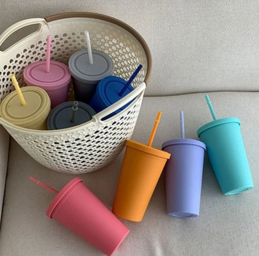 Acrylic Drinking Tumbler 450ml Solid Colored Matte Finish Cup & Straw