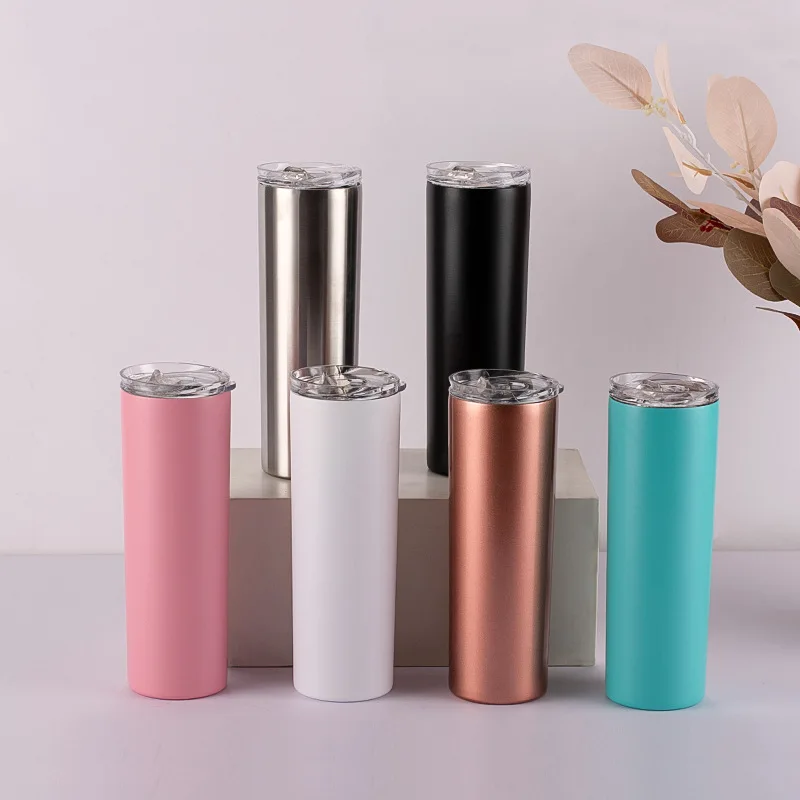 Skinny Metallic Thermos Drinking Tumbler 590ml Stainless Steel with Lid & Straw