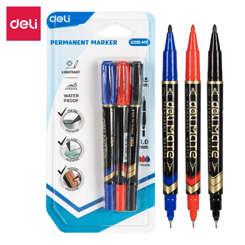 Deli Permenant Marker Dual Tip 0.5mm & 1.0mm Red-Blue-Black Blister Card EU201-MT 3pc