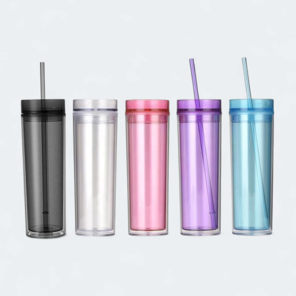 Skinny Drinking Tumbler 473ml Acrylic Transparent Color 7x21cm Reusable with Lid & Straw