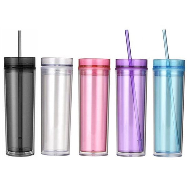 Skinny Drinking Tumbler 590ml Acrylic Transparent Color 7x21cm Reusable with Lid & Straw