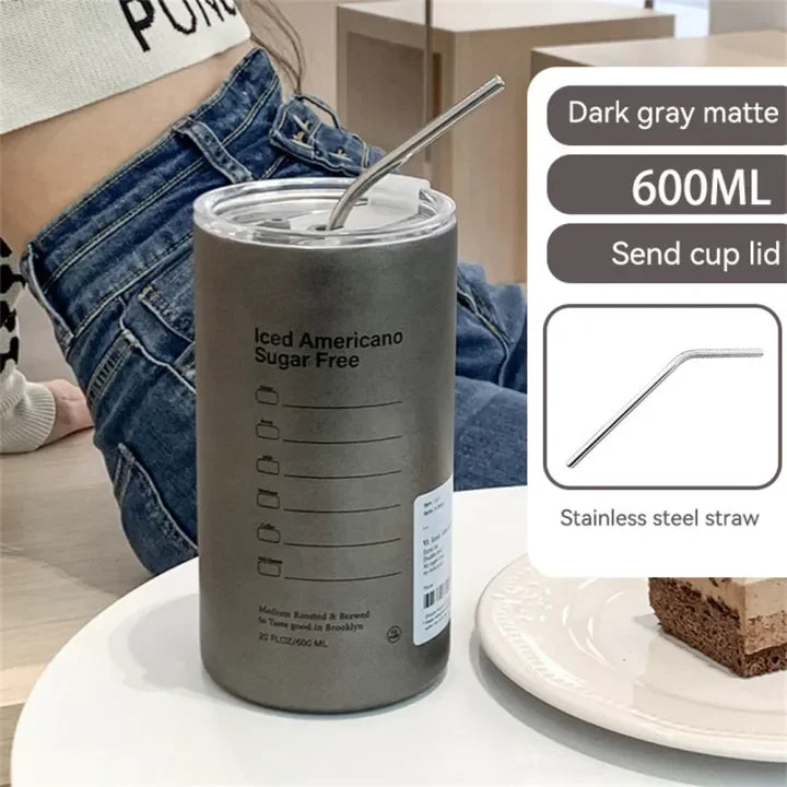 600ml Americano Double-layer Iced Coffee Cup Thermoses Stainless Steel With Straw Vacuum Flask Cup 8.5x16cm