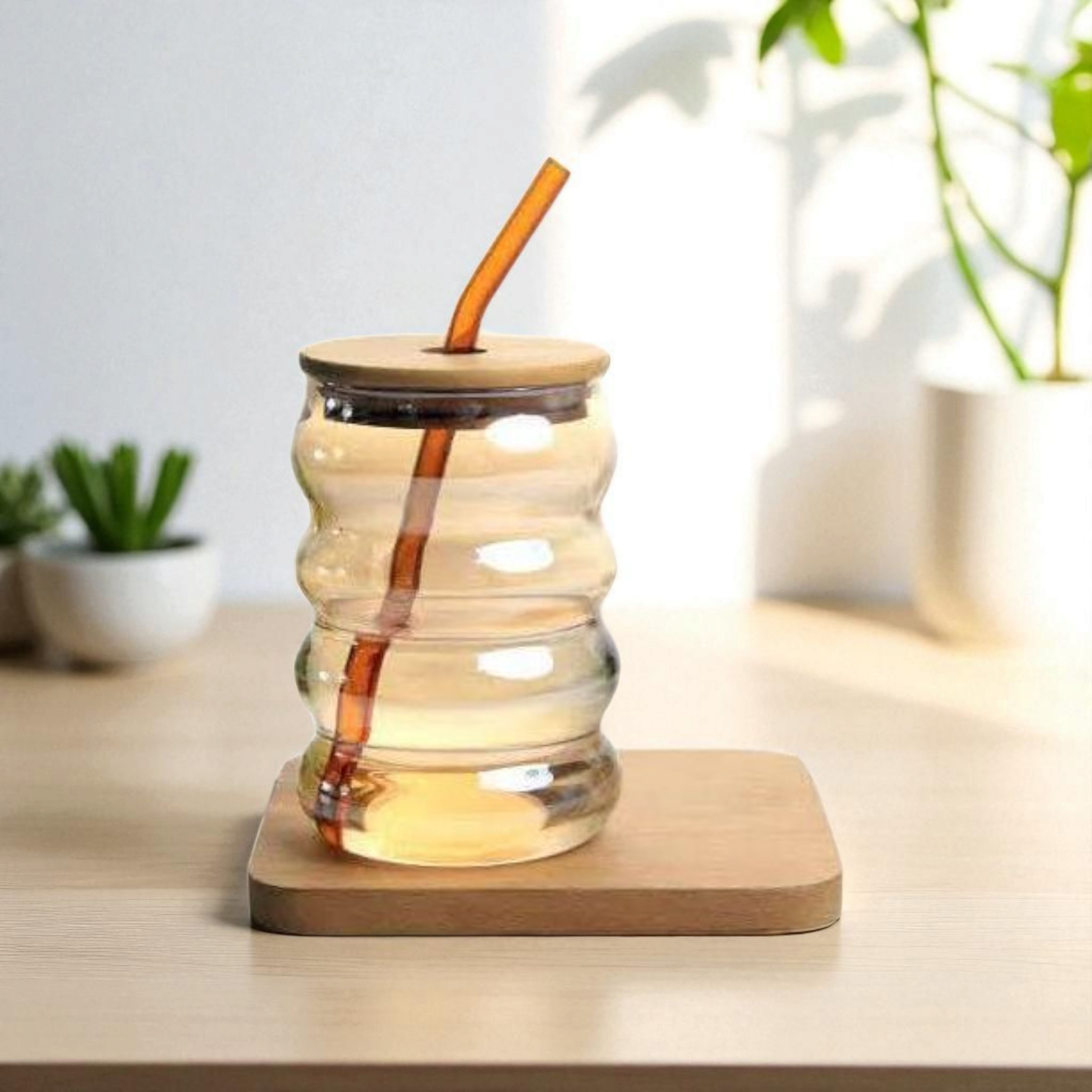 Amber Glass Drinking Ribbed Cup 500ml with Bamboo Lid & Amber Curved Straw 7x15cm