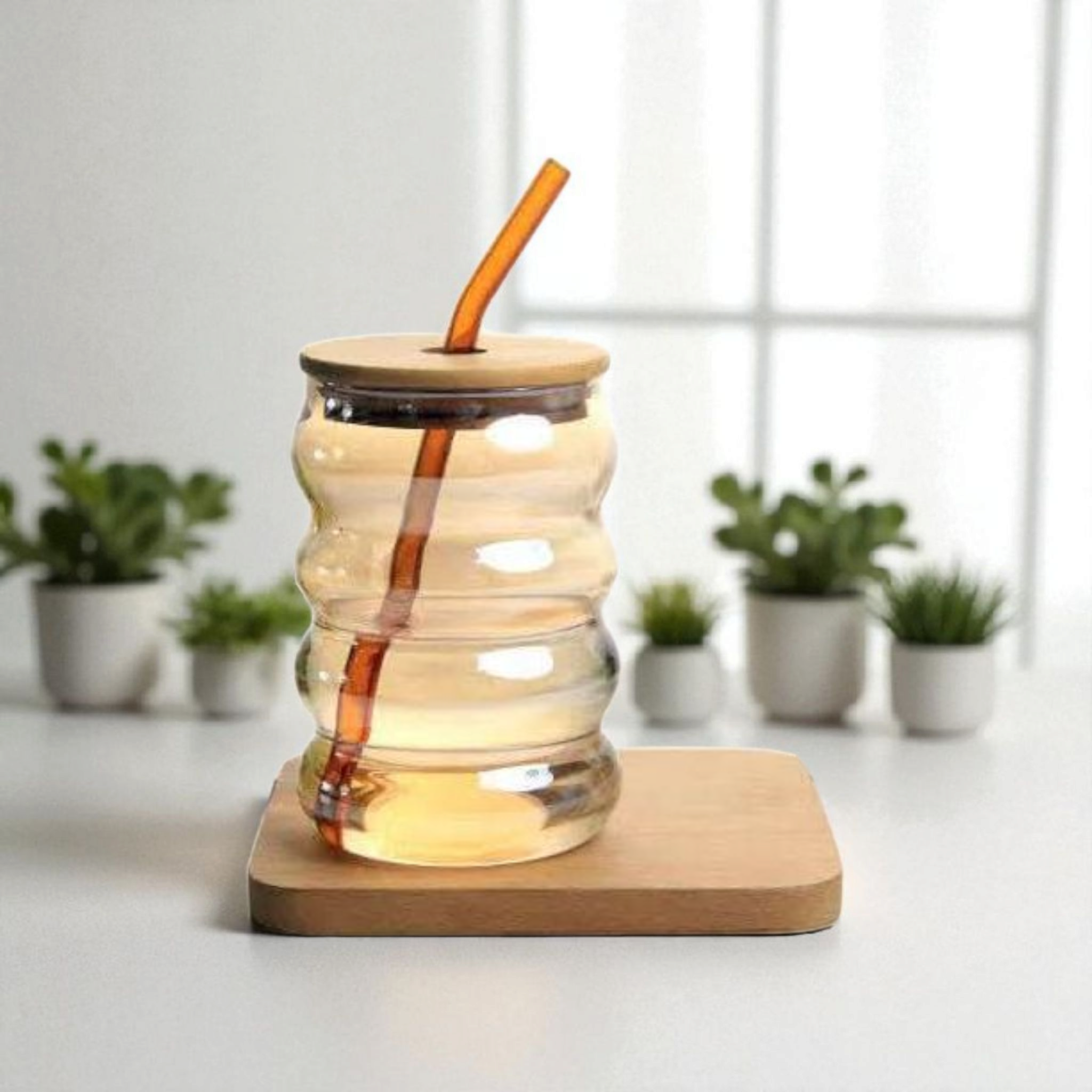 Amber Glass Drinking Ribbed Cup 500ml with Bamboo Lid & Amber Curved Straw 7x15cm