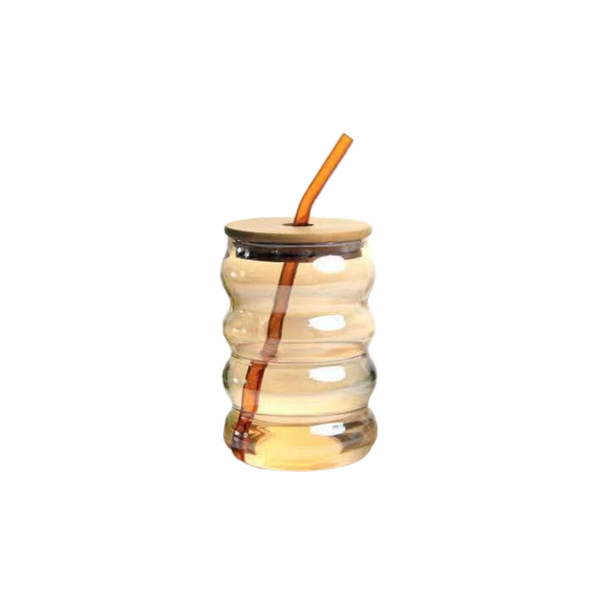 Amber Glass Drinking Ribbed Cup 500ml with Bamboo Lid & Amber Curved Straw 7x15cm