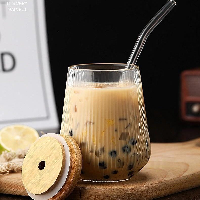 Glass Drinking Vertical Ribbed Cup 500ml with Bamboo Lid & Curved Straw 7x11cm