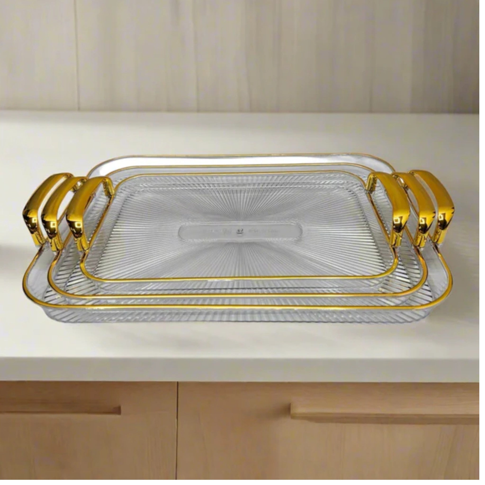 Exquisite Fruit Acrylic Glass Plate with Golden Handles 3pcs