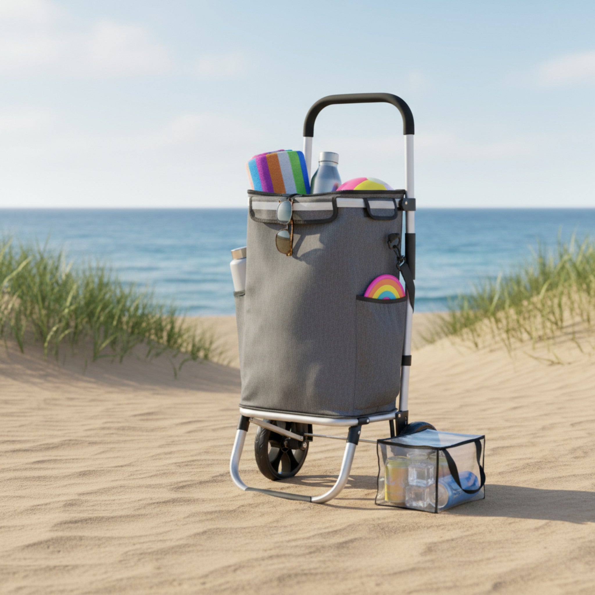 Smart Design Cooler Bag Trolley 46L - Aluminium Frame Foldable Storage Beach-Shopping-Camping Cooler Bag with Wheels
