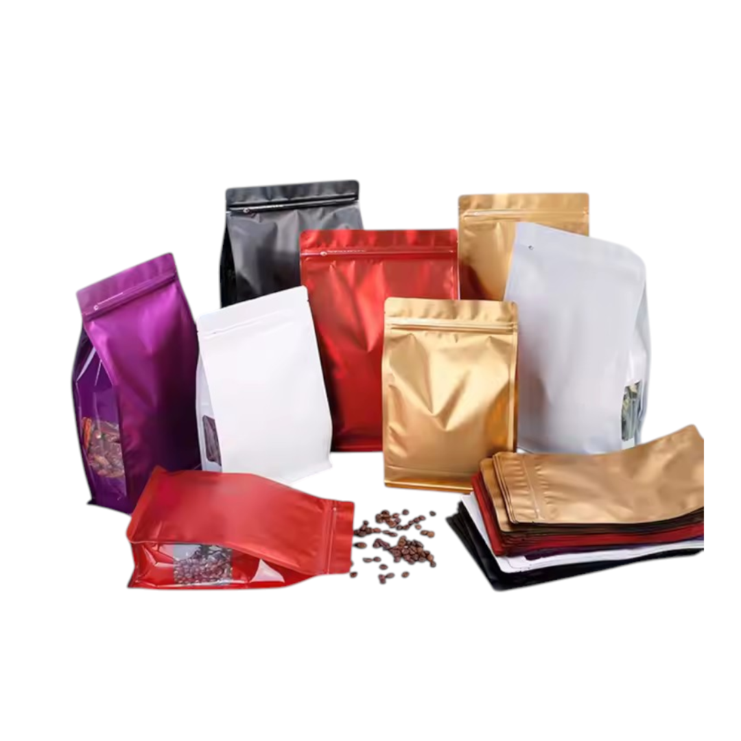 Aluminium Metalized Stand-up Coffee Bean Pouch Bag Reusable  - Side Gusset Flat Bottom with Pull-tab & Side Window 10Pack