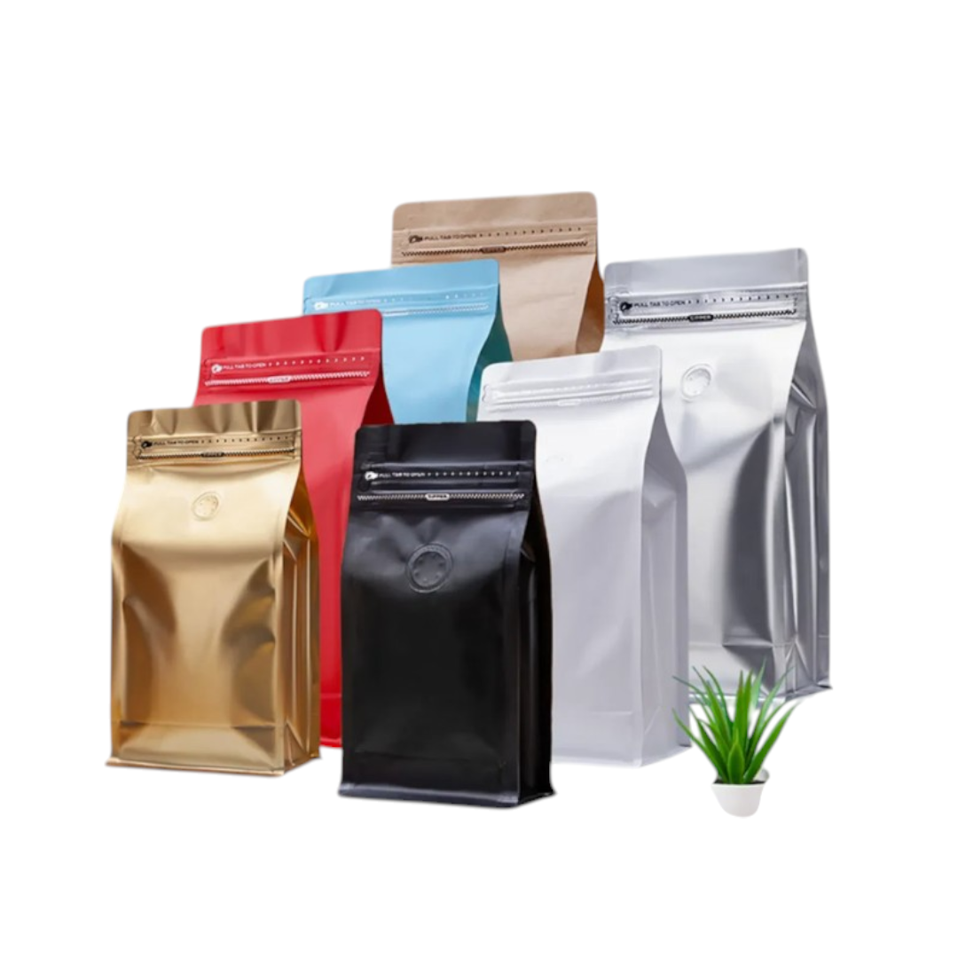 Aluminium Metalized Stand-up Coffee Bean Pouch Bag Side Gusset with Flat Bottom - Vacuum Seal Pull-tab with Air Valve Resealable 10Pack