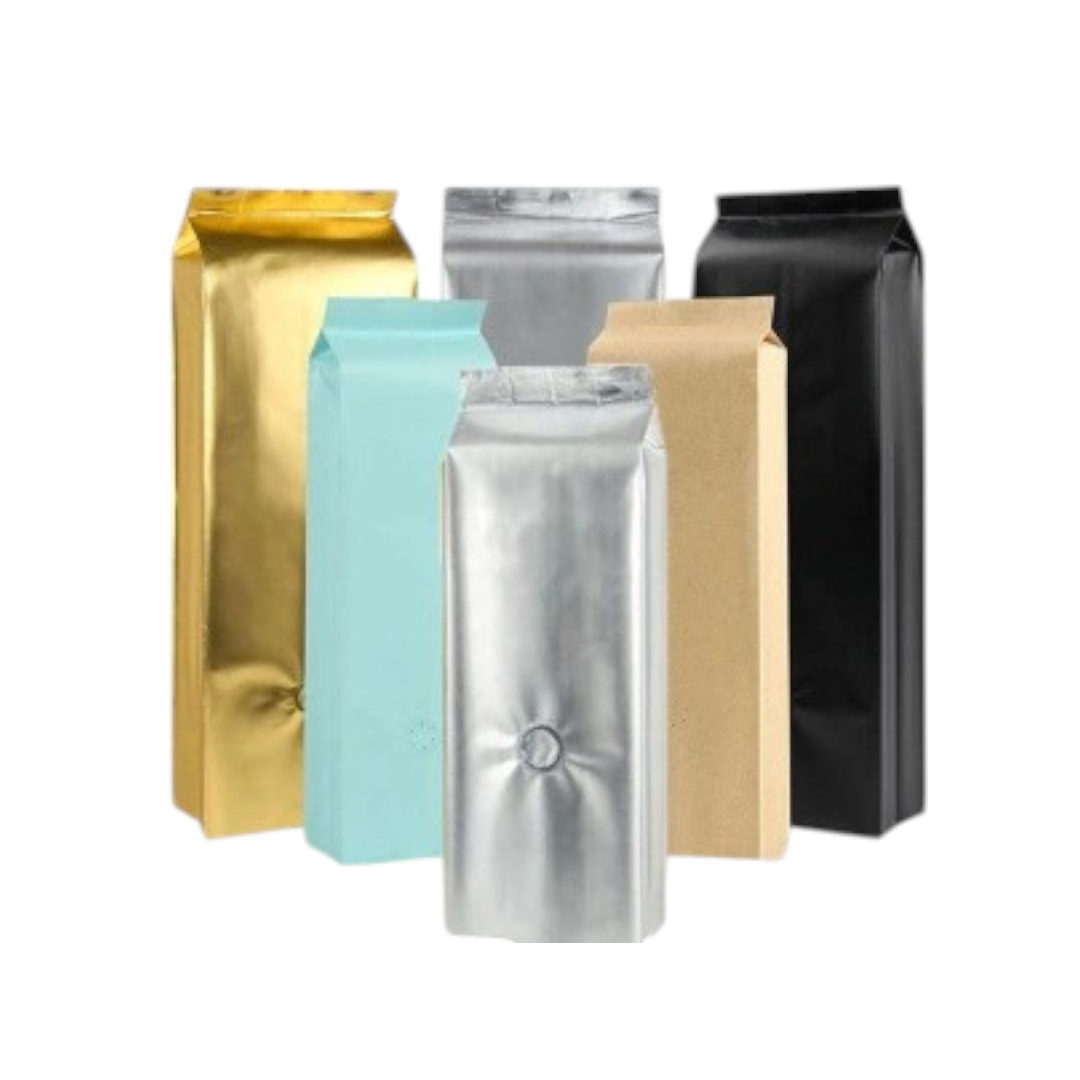 Aluminium Metalized Foil Stand-up Coffee Bag with Valve - Side Gusset & Flat Bottom 10pc