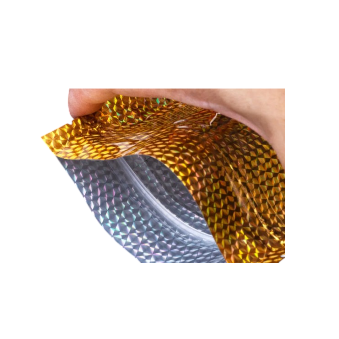 Aluminium Holographic Metalized Zip Lock Resealable Foil Stand-up with Window 10pack