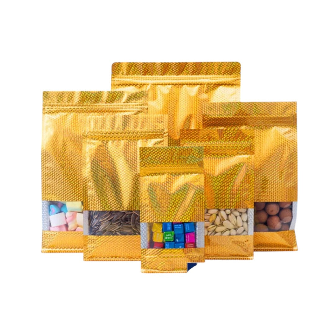 Aluminium Holographic Metalized Zip Lock Resealable Foil Stand-up with Window 10pack