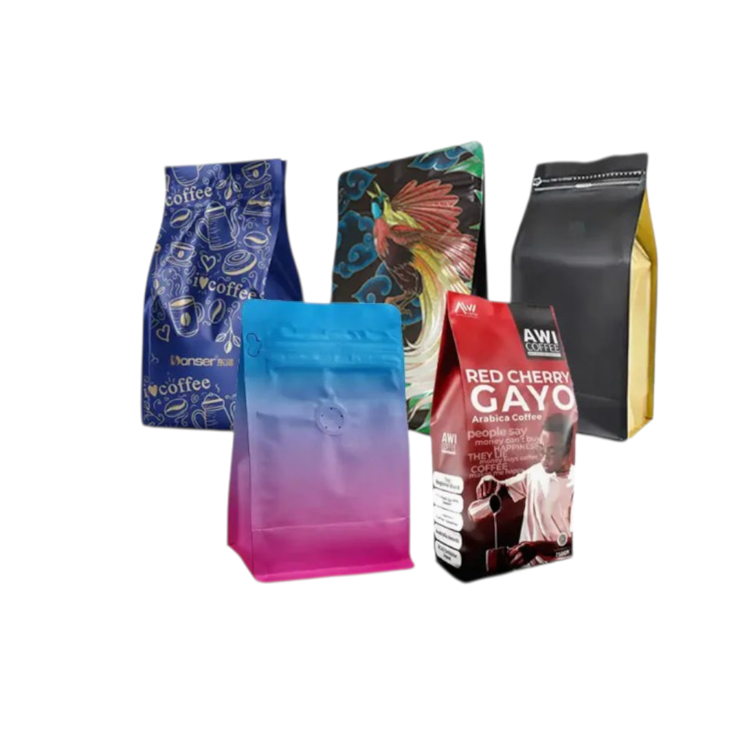 Aluminium Metalized Stand-up Coffee Bean Pouch Bag Side Gusset with Flat Bottom - Vacuum Seal Pull-tab with Air Valve Resealable 10Pack