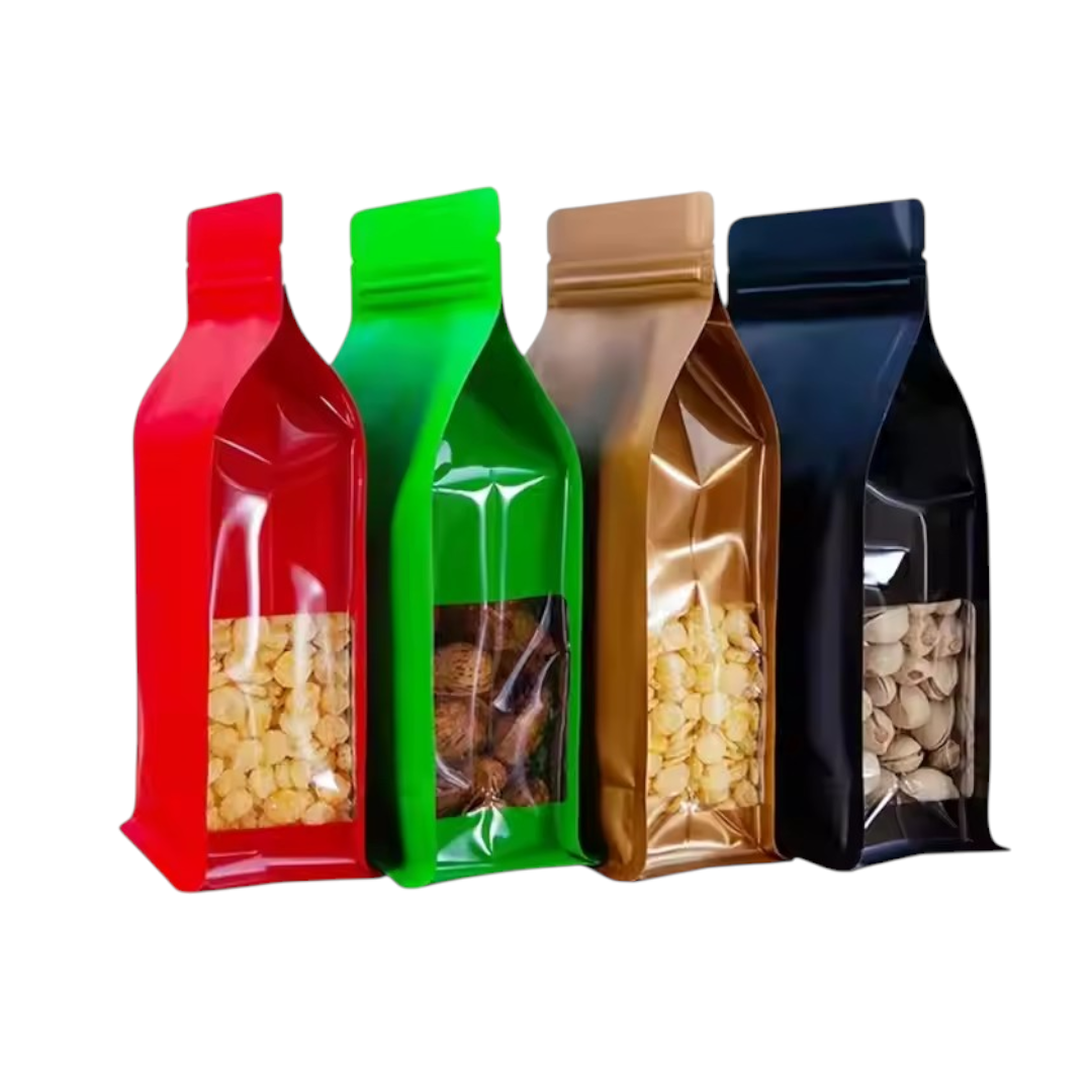 Aluminium Metalized Stand-up Coffee Bean Pouch Bag Reusable  - Side Gusset Flat Bottom with Pull-tab & Side Window 10Pack