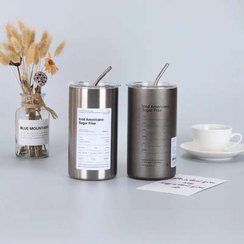 600ml Americano Double-layer Iced Coffee Cup Thermoses Stainless Steel With Straw Vacuum Flask Cup 8.5x16cm