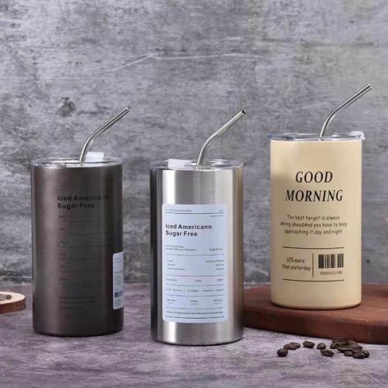 600ml Americano Double-layer Iced Coffee Cup Thermoses Stainless Steel With Straw Vacuum Flask Cup 8.5x16cm