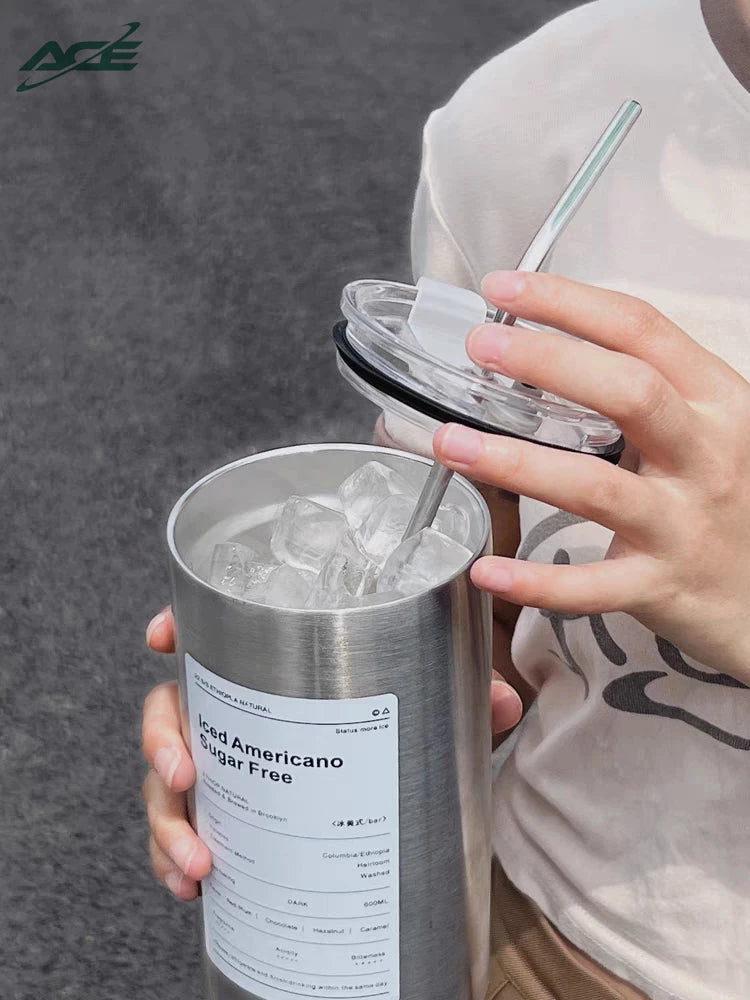 600ml Americano Double-layer Iced Coffee Cup Thermoses Stainless Steel With Straw Vacuum Flask Cup 8.5x16cm