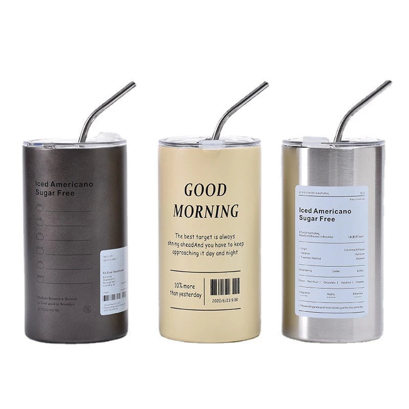 600ml Americano Double-layer Iced Coffee Cup Thermoses Stainless Steel With Straw Vacuum Flask Cup 8.5x16cm