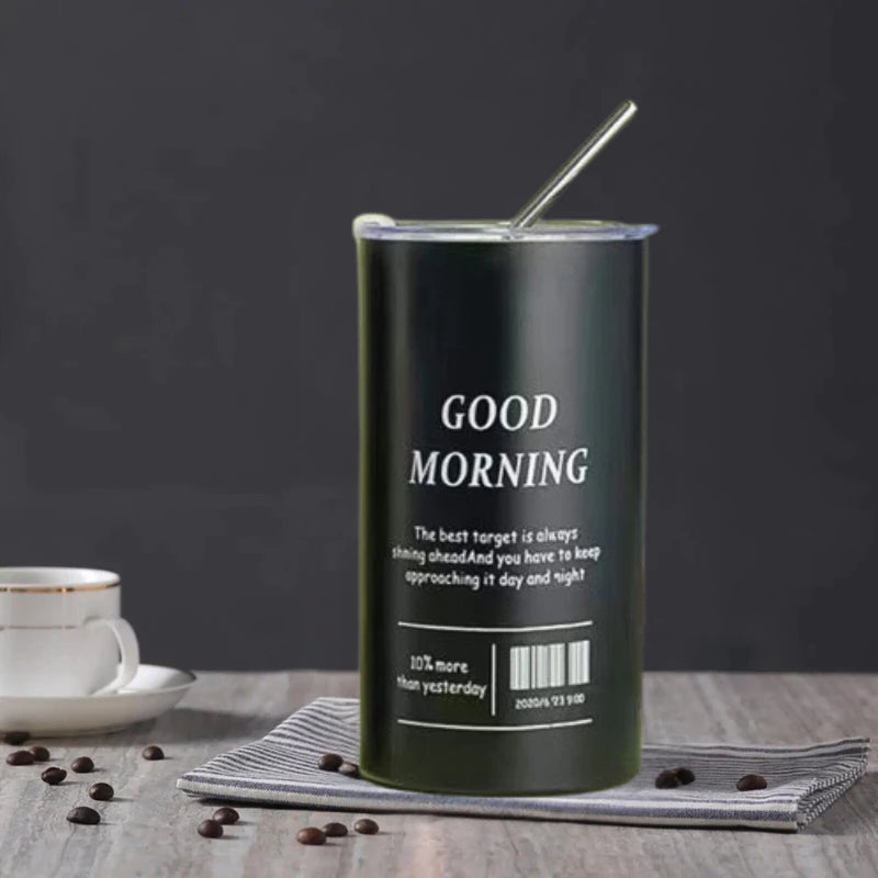 600ml Americano Double-layer Iced Coffee Cup Thermoses Stainless Steel With Straw Vacuum Flask Cup 8.5x16cm