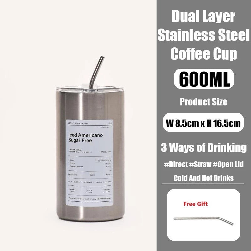 600ml Americano Double-layer Iced Coffee Cup Thermoses Stainless Steel With Straw Vacuum Flask Cup 8.5x16cm