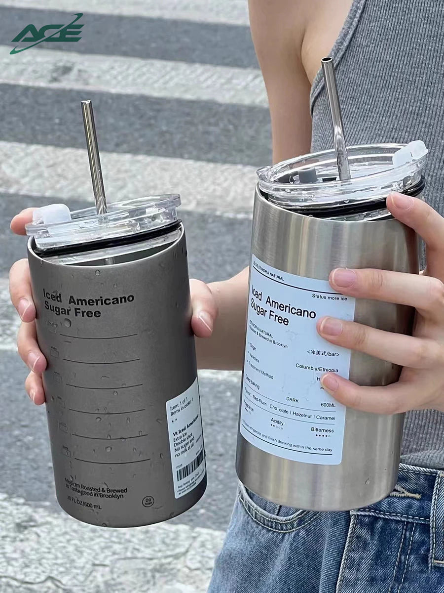 600ml Americano Double-layer Iced Coffee Cup Thermoses Stainless Steel With Straw Vacuum Flask Cup 8.5x16cm