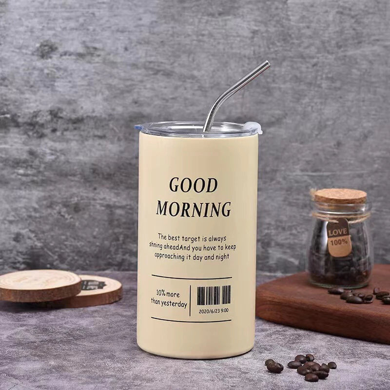 600ml Americano Double-layer Iced Coffee Cup Thermoses Stainless Steel With Straw Vacuum Flask Cup 8.5x16cm